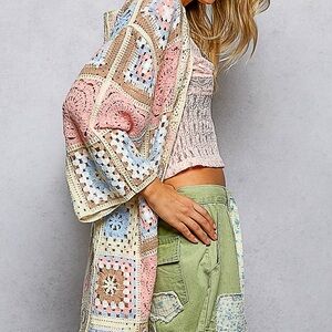 POL Crochet Patchwork Cardigan in Pink, Blue, Cream & Tan